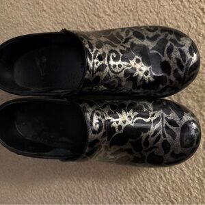 Dansko Black and Silver Floral Mules